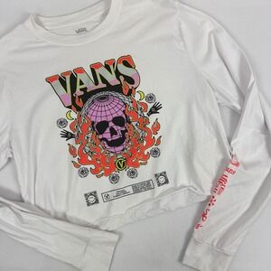 Vans Womens White Skull Flame Graphic Cropped Long Sleeve Shirt Medium